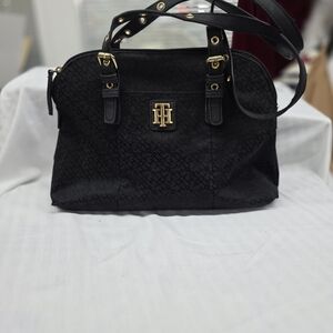 Black Tommy Hilfiger monogram jacquard satchel with gold-tone hardware